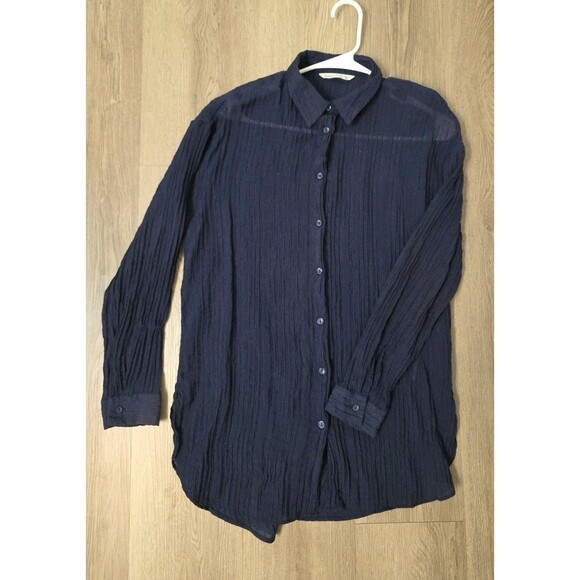 Lefties Navy Blue Long Sleeve Button Front Blouse S Textured Back Tie Shirt - Picture 2 of 7